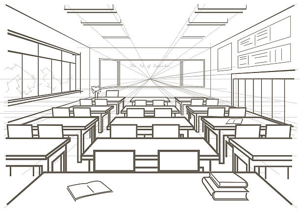 linear architectural sketch interior school classroom linear architectural sketch interior school classroom lecture hall illustrations stock illustrations
