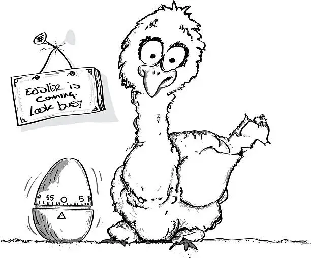 Vector illustration of Chicken looking surprised as egg-timer rings easter is coming