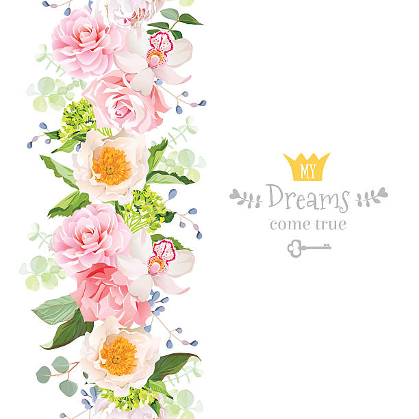 ilustrações de stock, clip art, desenhos animados e ícones de vertical seamless garland with camellia, rose, peony, orchid, carnation, hydrangea - greeting card wedding flower anniversary card