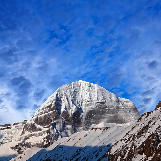 Panorama of sacred mount Kailash (elevation 6638 m), which are part of the Transhimalaya in Tibet. It is considered a sacred place in four religions: Bon, Buddhism, Hinduism and Jainism.