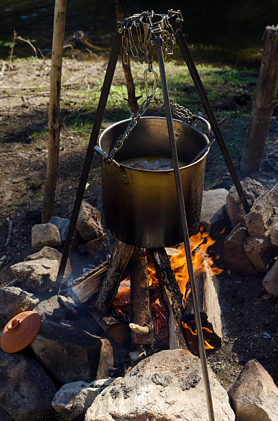 istock Casserole with rice and meat on a camp fire 592002110