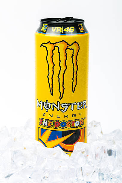 Valentino Rossi VR46 Special Edition can. Isolated on white background. Trieste, Italy - August 19, 2016: Can of Monster Energy Drink with ice. Valentino Rossi VR46 Special Edition can.Introduced in 2002 Monster now has over 30 different drinks with high a caffeine content. monster energy stock pictures, royalty-free photos & images