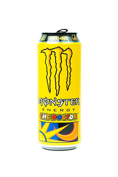 Valentino Rossi VR46 Special Edition can. Isolated on white background. Trieste, Italy - August 19, 2016: Can of Monster Energy Drink with ice. Valentino Rossi VR46 Special Edition can.Introduced in 2002 Monster now has over 30 different drinks with high a caffeine content. monster energy stock pictures, royalty-free photos & images