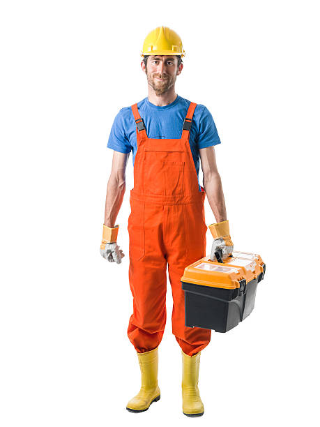 istock Adult man Wearing Boiler Suit Holding Tool Box 592004018