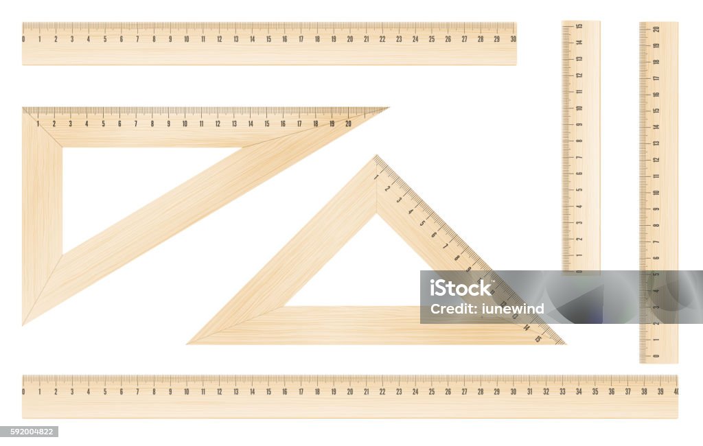 rulers and triangles Wooden rulers and triangles set with metric mm grade. Vector objects Centimeter stock vector