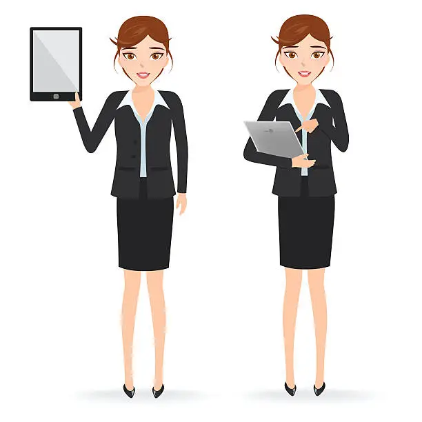 Vector illustration of Beautiful brunette business woman using a touch pad tablet porta