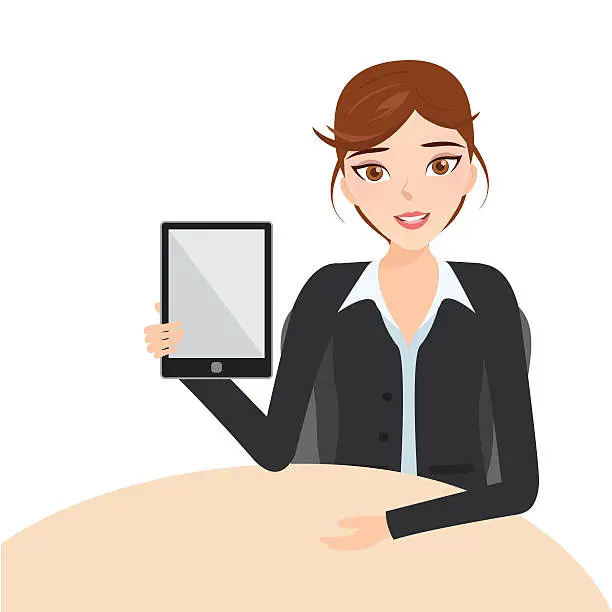 Vector illustration of Beautiful brunette business woman using a touch pad tablet porta