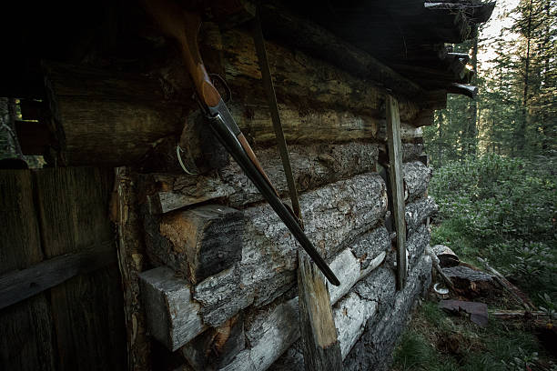 Hunting rifle hanging on the wall of the hut in the forest