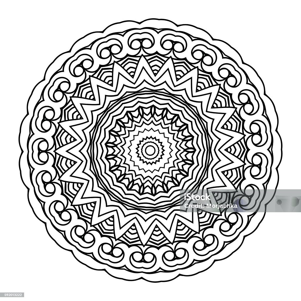 Vector monochrome background for adult coloring book. Lace design mandala. Vector monochrome background. Hand drawn round ornament. Template for greeting card, postcard or adult coloring book. Lace design mandala. Detailed illustration. Abstract stock vector