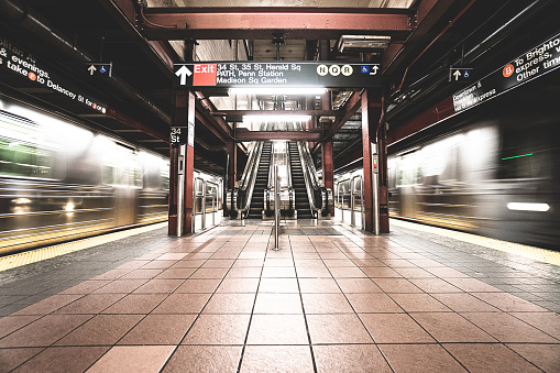 Subway platform Spring Street in New York with few people. New York, USA, December 2021