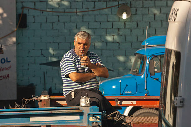 Truck Driver Yerba Mate Break Buenos Aires, Argentina – February 28, 2016: A worker enjoys a morning mate on Avenue Ramon San Castillo, sitting on the trailer of his truck with his mate cup, straw and pot of hot water for refreshing the brew.  He is taking a break while waiting for a load to haul from the port of Buenos Aires. michael stephen wills south america stock pictures, royalty-free photos & images