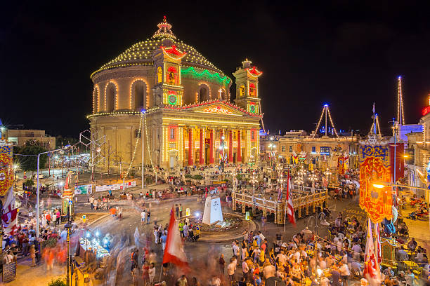 Mosta festival at night with the famous Mosta Dome stock photo