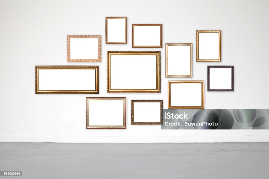Classic frame on white cement wall in showroom and gallery. Wall - Building Feature Stock Photo