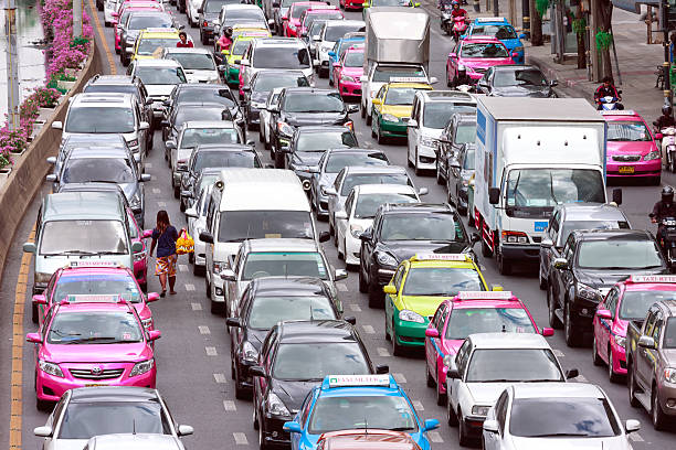 Philadelphia, PA, USA - April 25, 2025; Heavy traffic congestion on Spruce Street in University City on an early spring day.