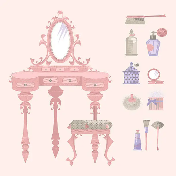 Vector illustration of Dressing table with mirror anda chair. Retro style. Art deco.