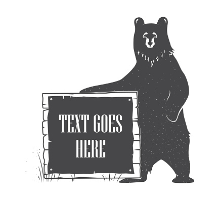 Vector illustration of a standing bear holding a wooden signboard