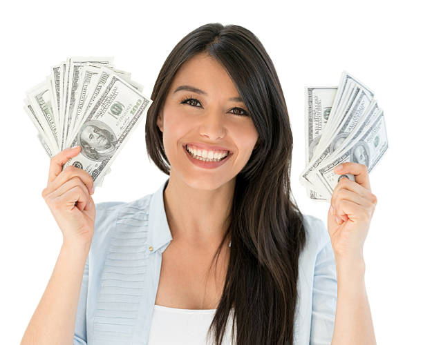 very happy woman holding cash - isolated holding letter people imagens e fotografias de stock