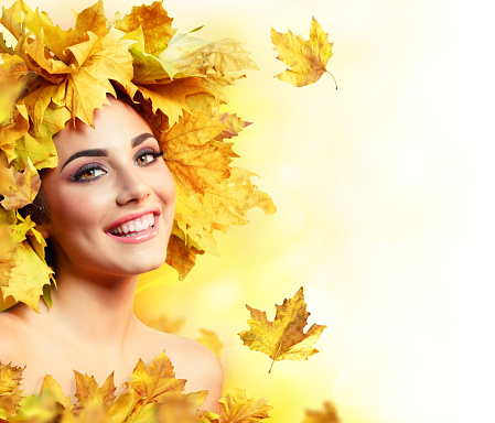 Beauty Fashion Girl With Autumnal Leaves Cap