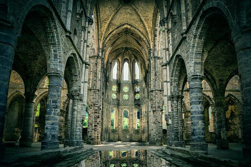 Dilapidated church in abandoned Villers Abbey
