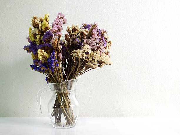 composition of dried flowers on white wall background