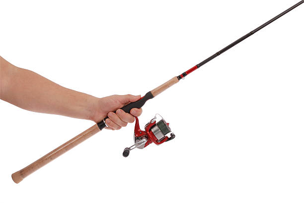 Hand holding fishing tackle isolated on white