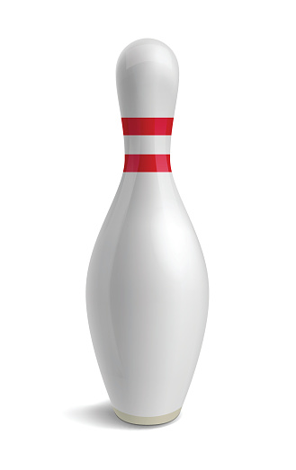 Bowling pin. Skittle with red stripes. Sport competition. Activity and fun game. Vector illustration isolated on white background
