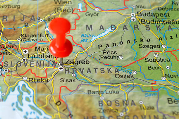 istock Pin set on Zagreb at map of Croatia 592033520