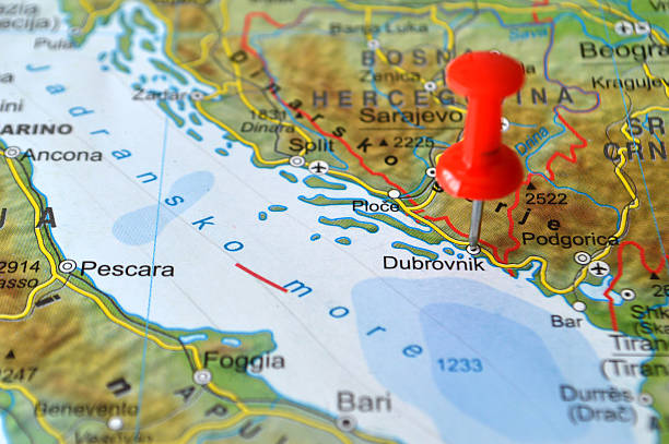 istock Pin set on Dubrovnik at map of Croatia 592033670