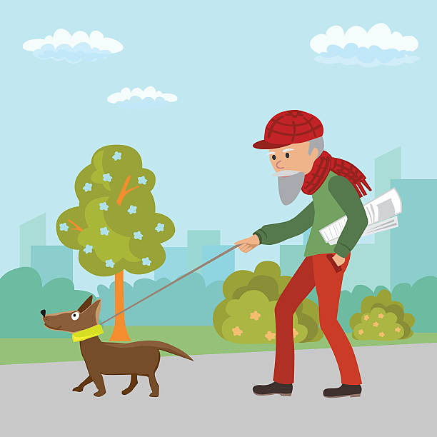 ilustraciones, imágenes clip art, dibujos animados e iconos de stock de hombre mayor caminando con su perro en el parque. - newspaper dog pets grass