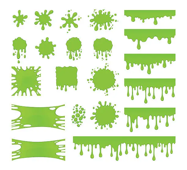 Vector illustration of Slime vector set. Blots, splashes and smudges. Green liquid.