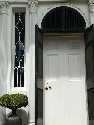 Black and white stately entrance to a manor home.  The leaded glass windows add to the elegance.  The architectural detail speaks to the historical age of the home.  The green plan adds a contrast of color.  Shot with a Nikon D70 camera.  