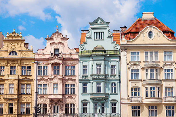 colorful architecture of  square of the republic in pilsen - architecture blue bohemia built structure imagens e fotografias de stock