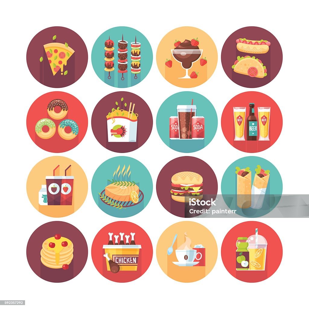 Fastfood, junk food, snack meal. Fastfood, junk food, snack meal. Flat vector circle icons set with long shadow. Food and drinks. Concession Stand stock vector