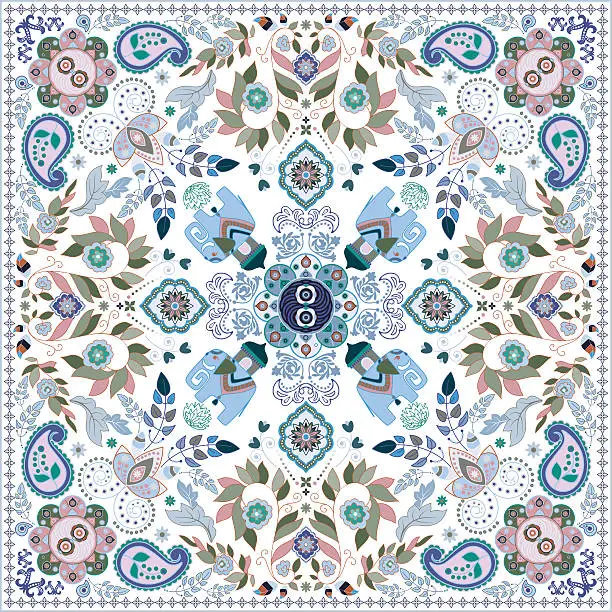 Vector illustration of Design for square pocket, shawl, textile. Paisley floral pattern