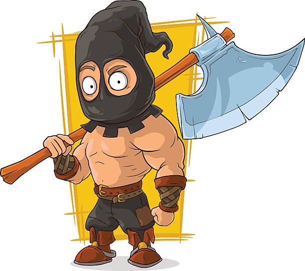 Cartoon masked executioner with big axe A vector illustration of cartoon masked executioner with big axe executioner stock illustrations