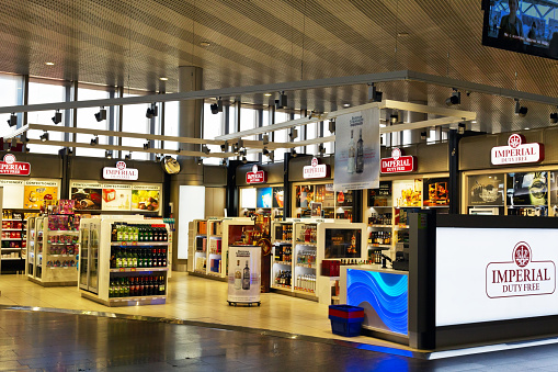 Moscow, Russia - April 9, 2015: Duty free shop in airport Sheremetyevo - International  airport, one of the three major airports in Moscow and Moscow region, have greatest passenger traffic in Russia