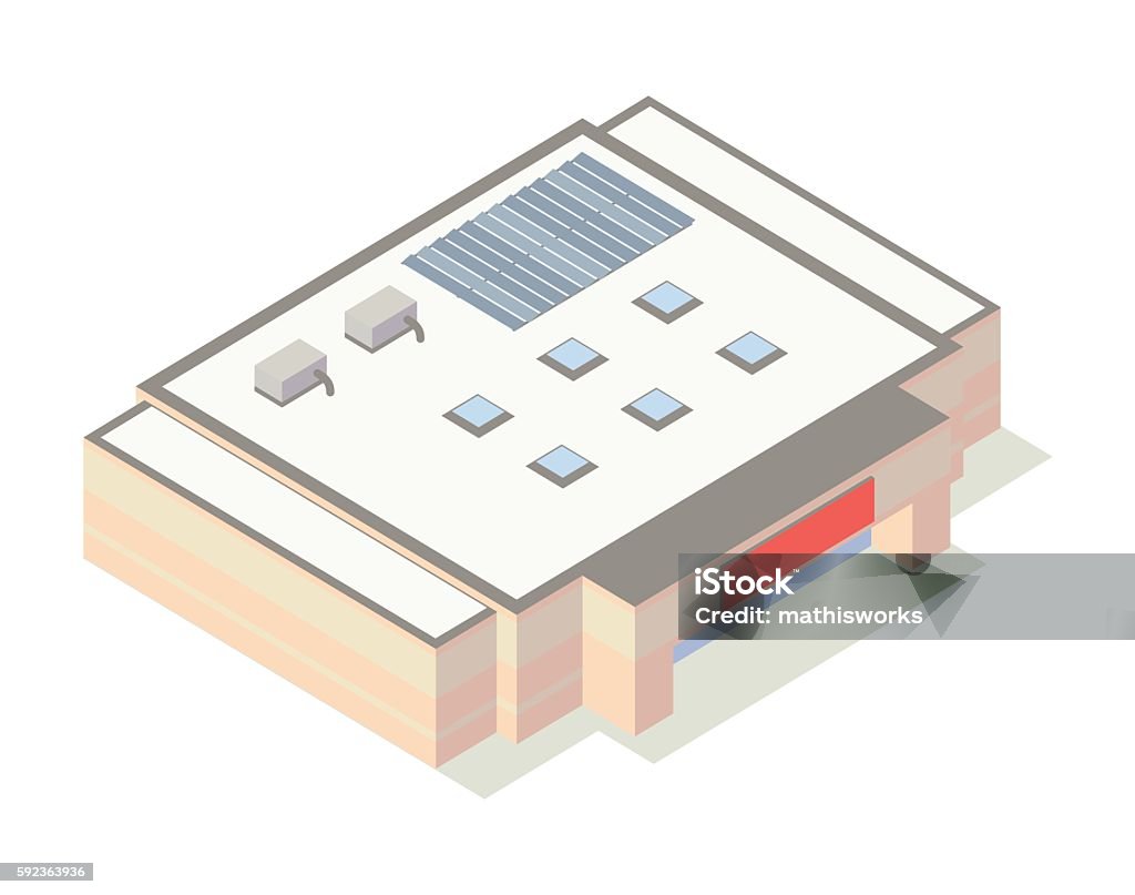 Warehouse store isometric illustration Large warehouse store, retail outlet, department store or grocery store includes signage and rooftop solar panels. Building is seen from an aerial isometric perspective. Illustration includes high quality jpeg and vector eps files. Isometric Projection stock vector