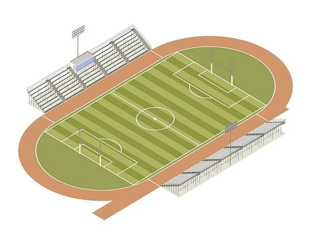 Track and field isometric illustration Athletic track and football field includes lighting and bleachers. Field is seen from an aerial isometric perspective. Illustration includes high quality jpeg and vector eps files. school bleachers stock illustrations