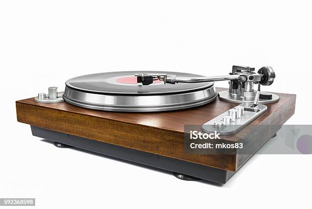 Turntable With Vinyl Record On White Background Stock Photo - Download Image Now - Turntable, Old-fashioned, Retro Style