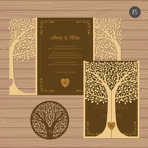 Wedding invitation card with laser cut envelope. Wedding invitation or greeting card with tree. Paper lace envelope template. Wedding invitation envelope mock-up for laser cutting. Vector illustration. tree cutting silhouette stock illustrations