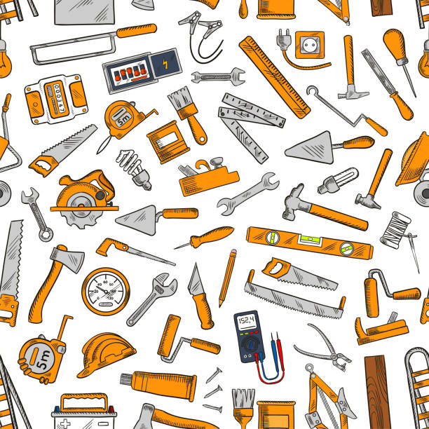 ilustraciones, imágenes clip art, dibujos animados e iconos de stock de patrón sin fisuras de herramientas y equipos de construcción - wrench spanner work tool backgrounds