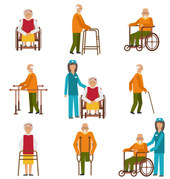 illustrazioni stock, clip art, cartoni animati e icone di tendenza di vari gradi di lesioni e disabilità - men crutch isolated support