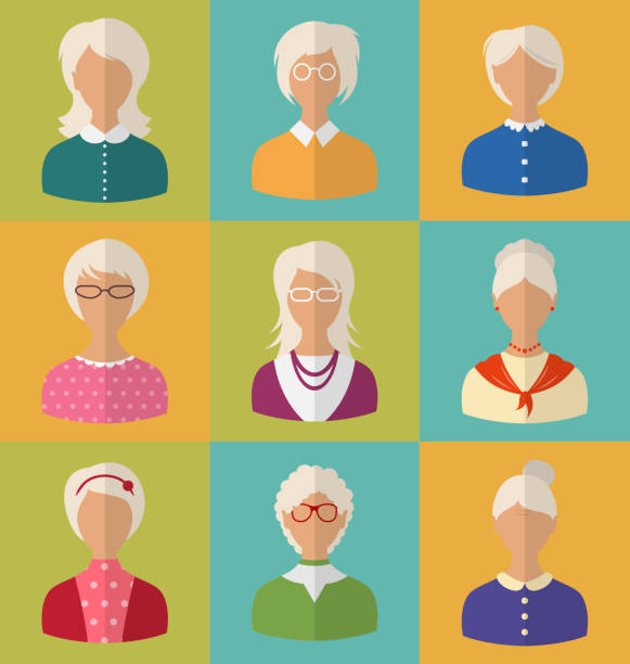 Old People of Faces  Women  Grey-headed Illustration Old People of Faces of Women of Grey-headed. Grandmothers Characters. Heads of Pensioners. Females with Short and Long Hair. Cartoon Style Avatars. Flat Icons - Vector short human hair women little girls stock illustrations