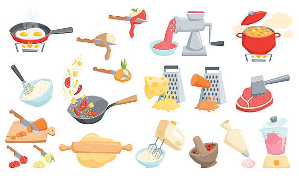 ilustrações de stock, clip art, desenhos animados e ícones de cooking process set - recipe ingredient grater cheese grater