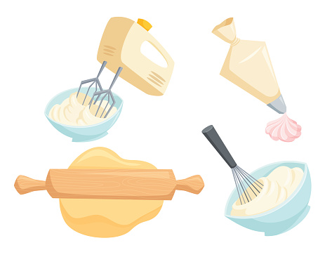 Baking set. Mixer or whisk whipped cream, roll out dough with rolling pin, decorate cakes with cream from pastry bag. Bakery process vector illustration. Kitchenware, cooking utensil isolated on white