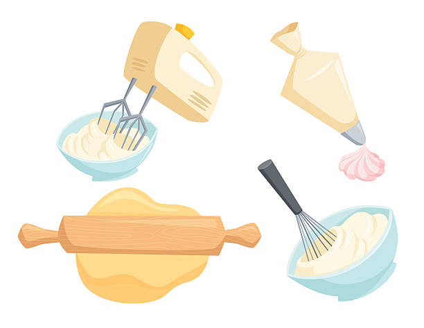 Baking vector set Baking set. Mixer or whisk whipped cream, roll out dough with rolling pin, decorate cakes with cream from pastry bag. Bakery process vector illustration. Kitchenware, cooking utensil isolated on white baked pastry item stock illustrations