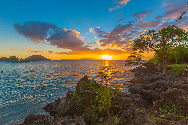 coucher de soleil à hawaï depuis la plage - lanai photos et images de collection