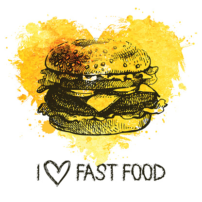 Fast food background with splash watercolor heart. Hand drawn sketch illustration. Menu design