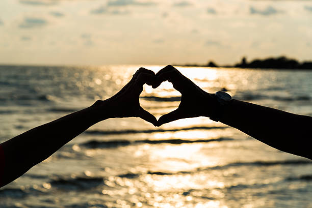 istock Silhouette hand in heart shape with sunrise 592376246