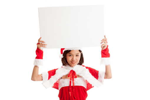 Asian Christmas Santa Claus girl with blank sign  isolated on white background .